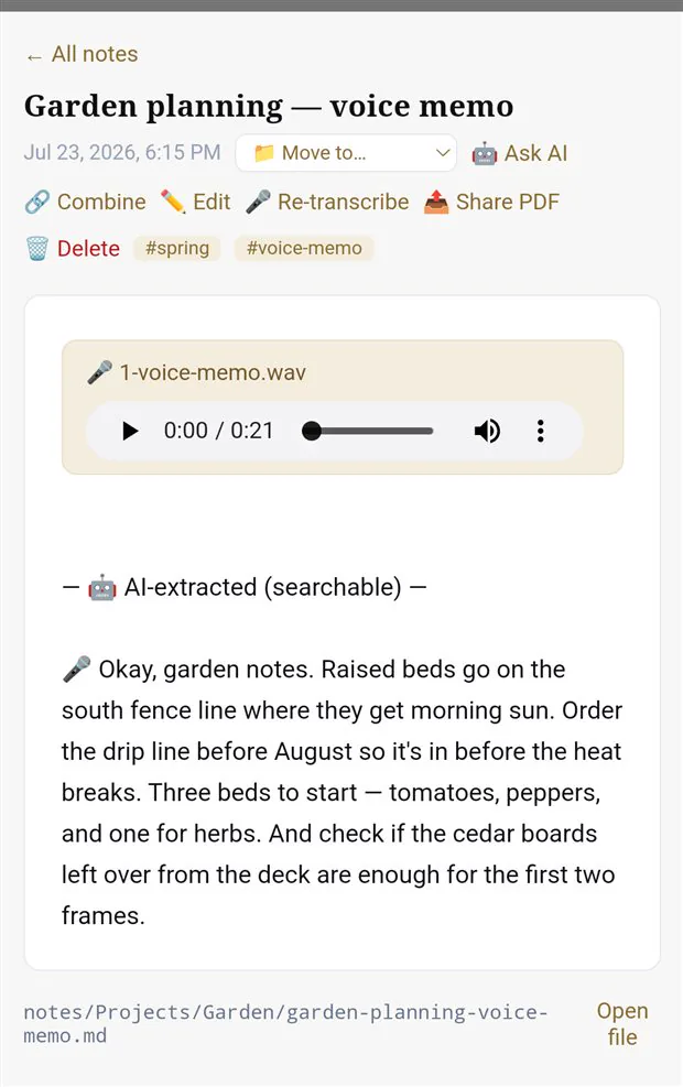 A voice memo note: the recording with its audio player at top, and the AI-extracted transcript below, searchable like any note.
