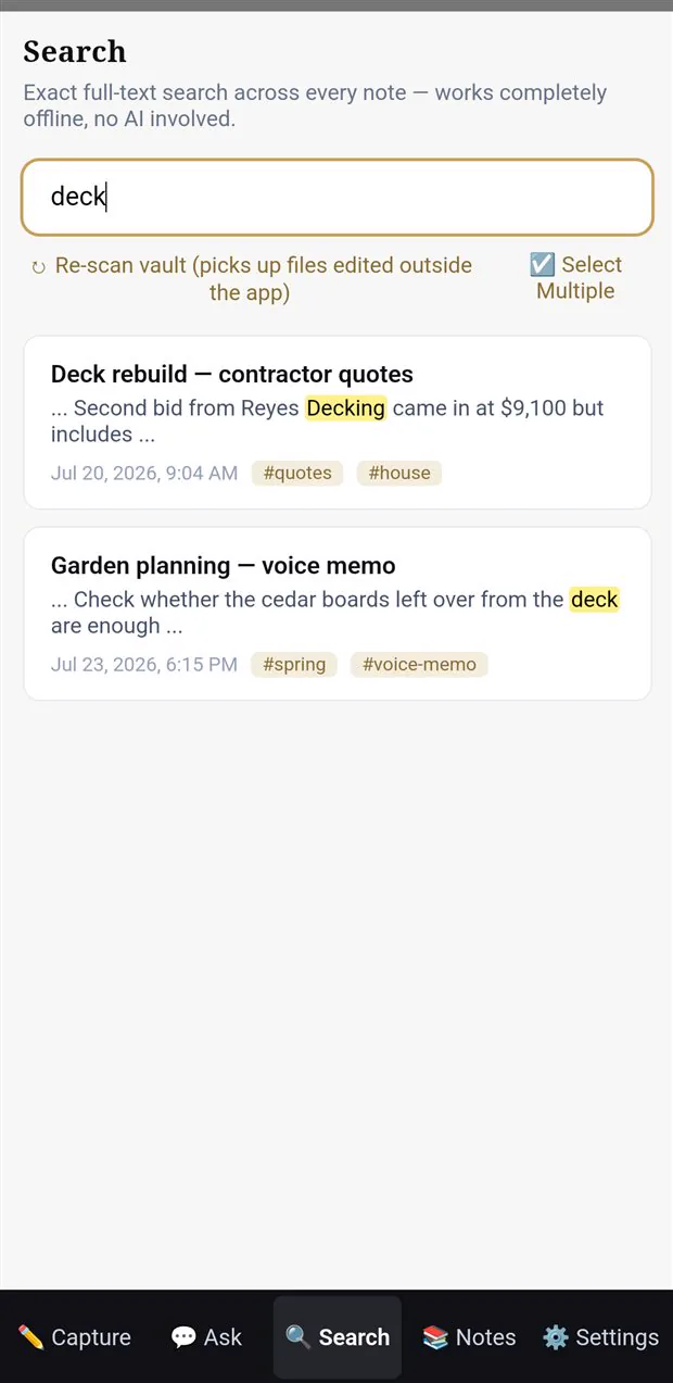 The Search screen: full-text results with matched words highlighted, working offline.