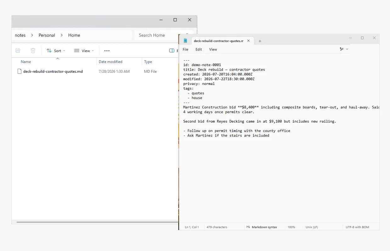 The vault open in File Explorer at notes, Personal, Home — and the same Markdown note open in Notepad, frontmatter and all.